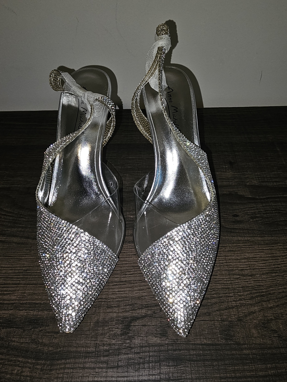 New W/out Box - Anne Michelle Silver Crystal Slingback Pointed Toe Heels